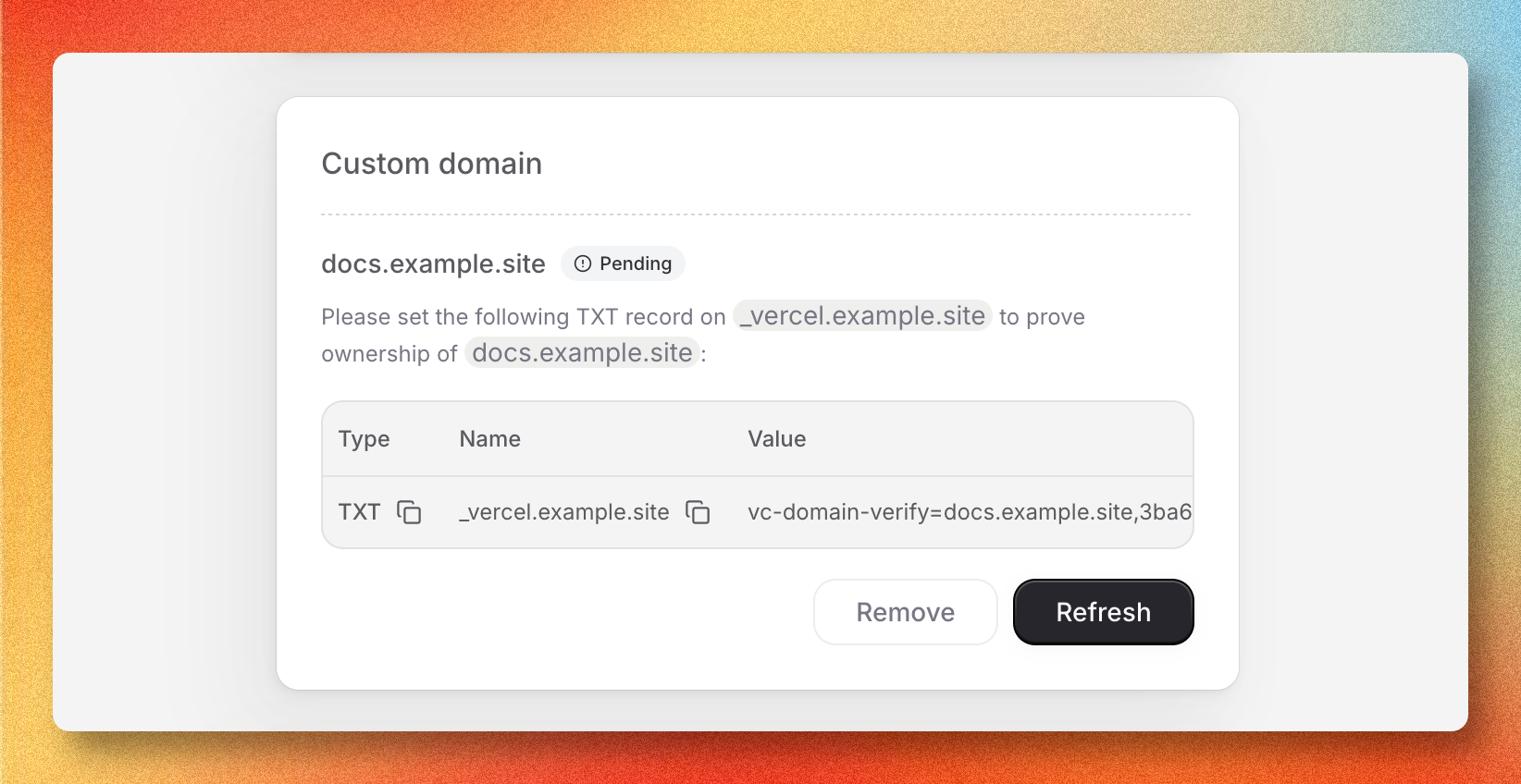 Custom domain settings showing the DNS records to configure