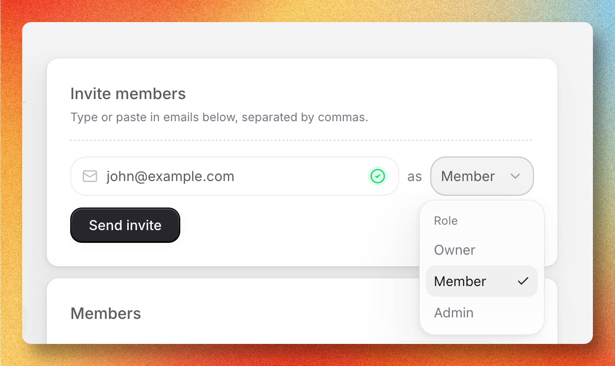 Members page with the invite form and members list