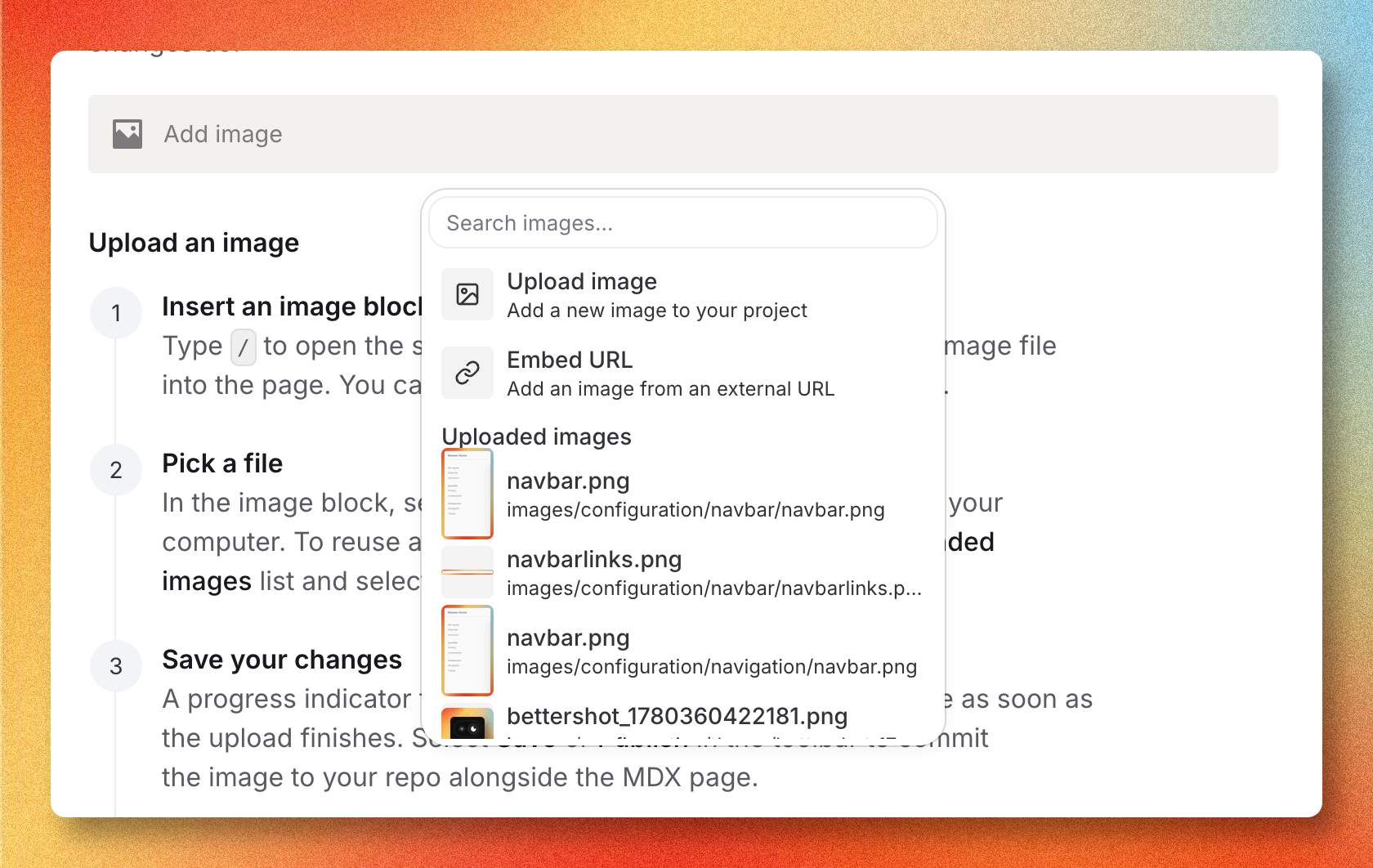 Image block uploading a file in the editor
