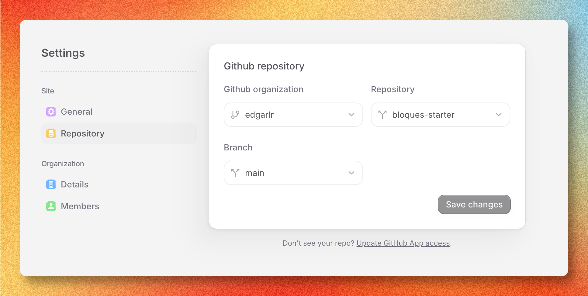 Repository settings with GitHub organization and repository dropdowns
