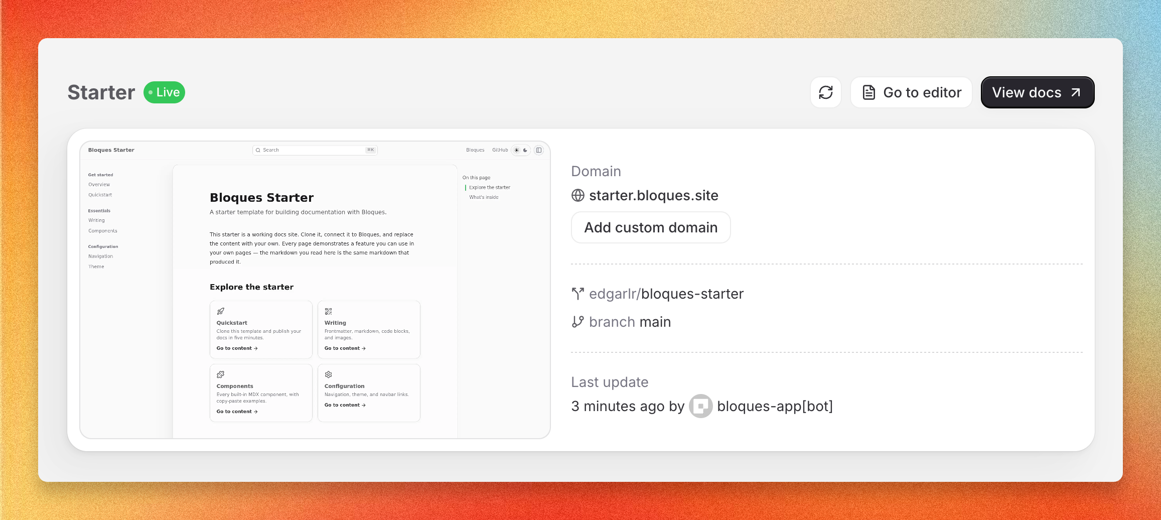 Dashboard showing a successful deployment status