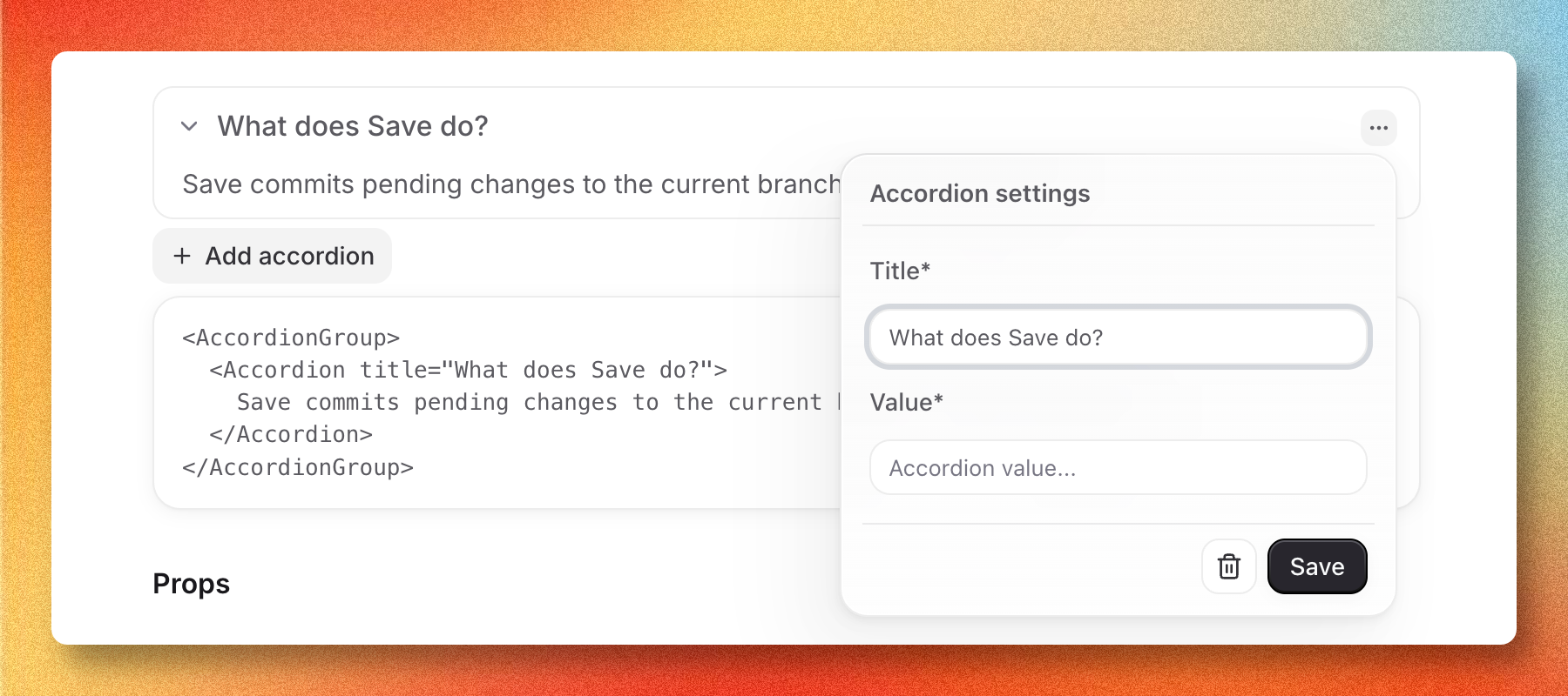 Visual editor rendering an MDX page as editable blocks