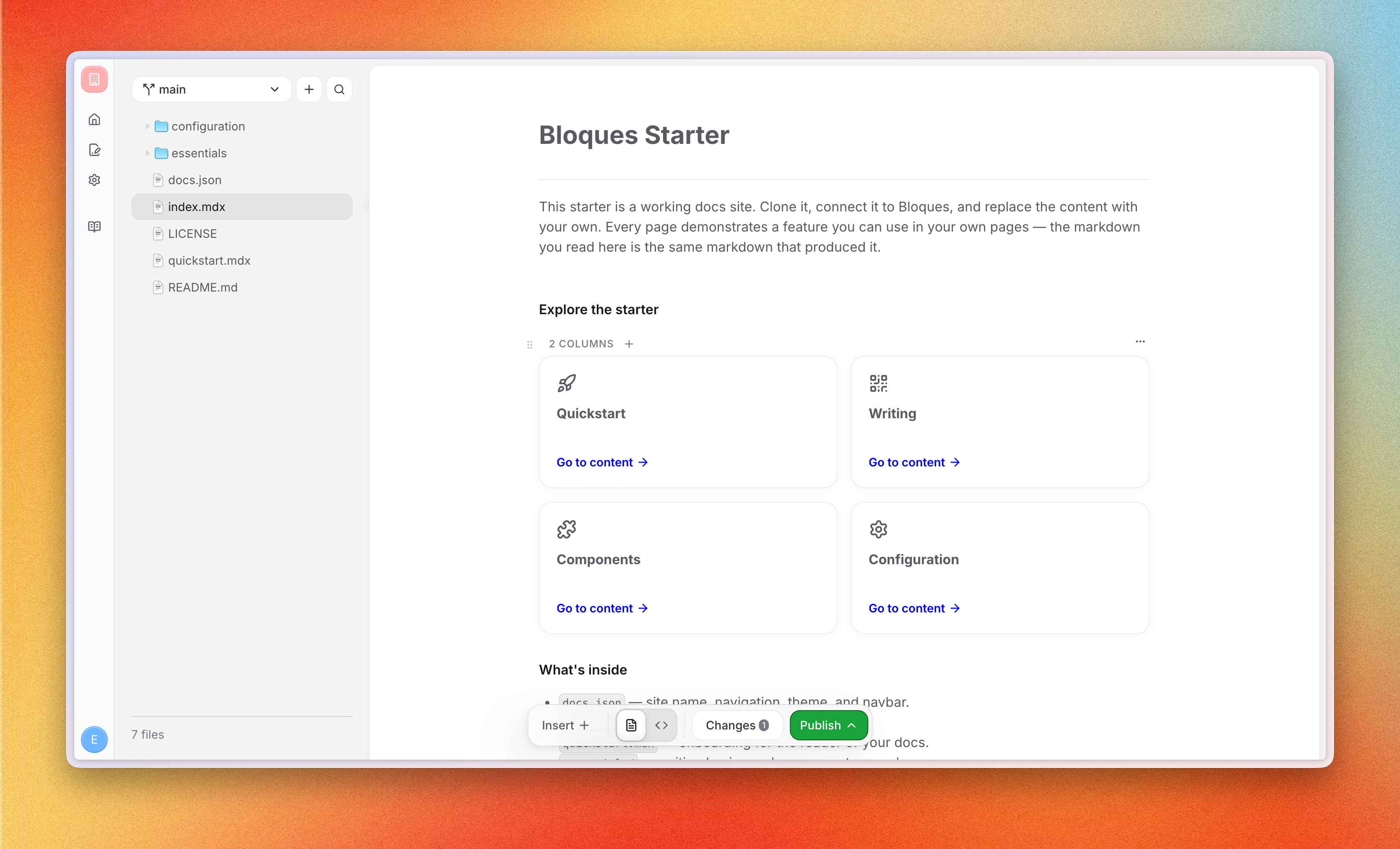 Editor layout with file tree on the left and page content on the right