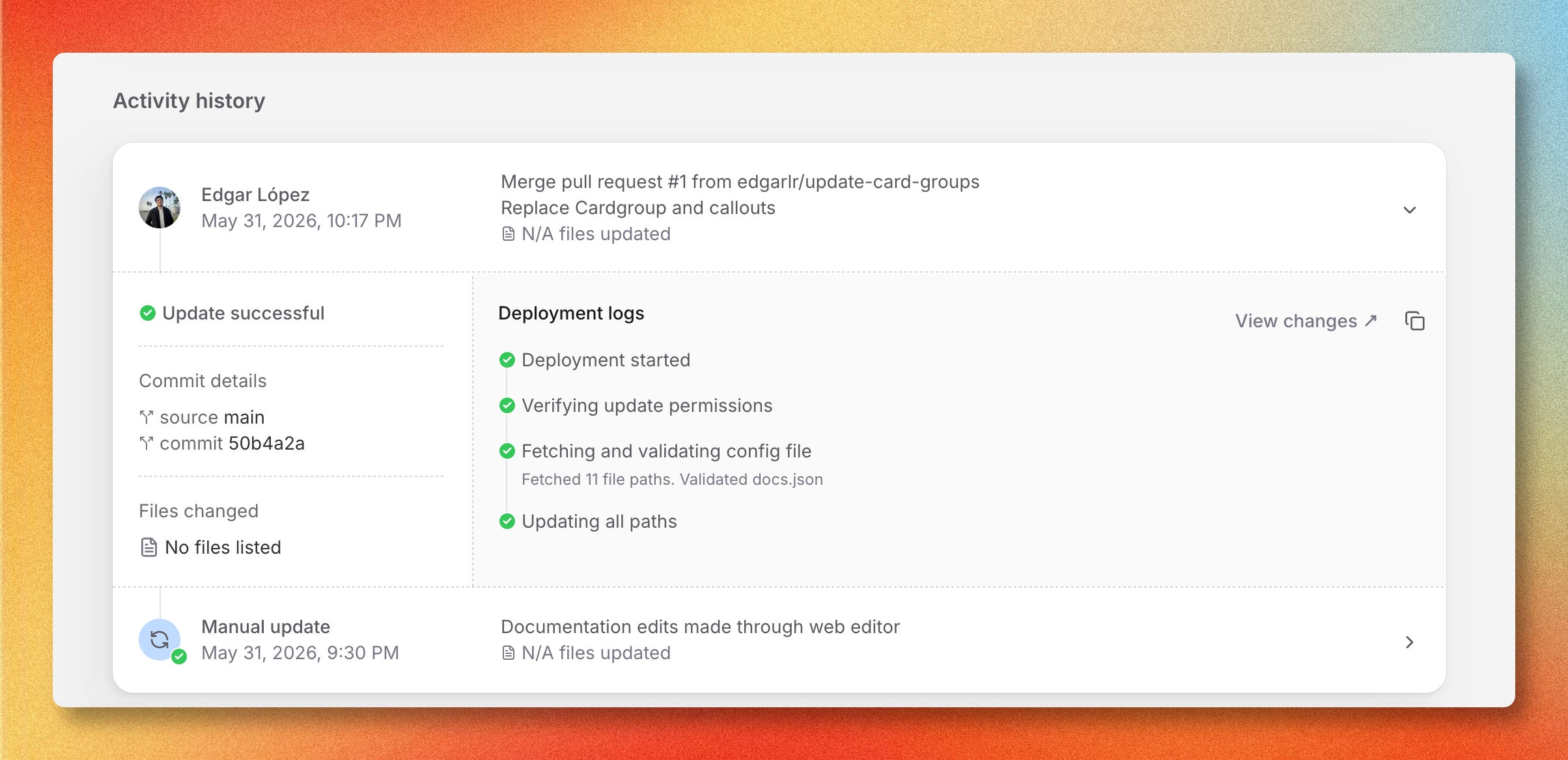 Activity history list with deployment rows and status badges