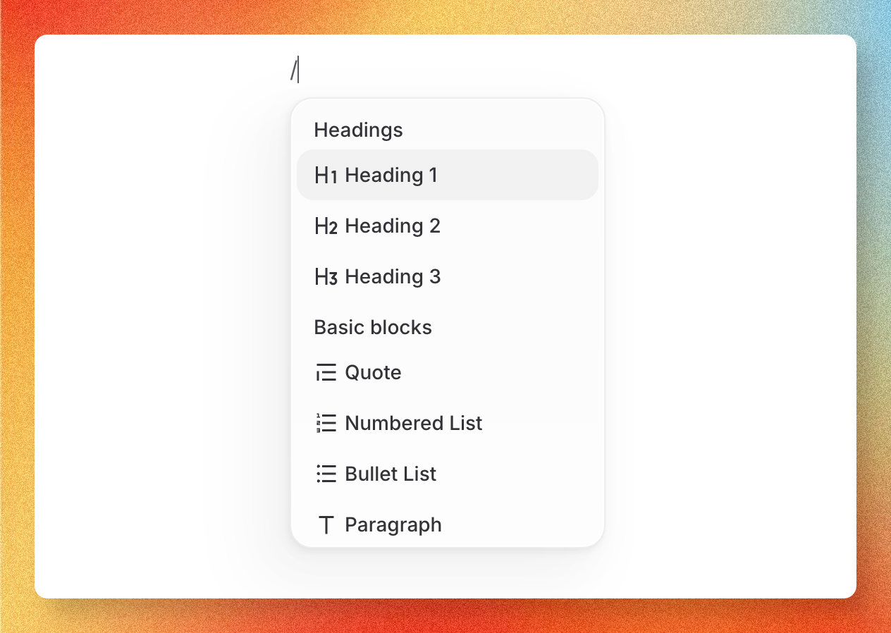 Editor slash menu listing insertable blocks